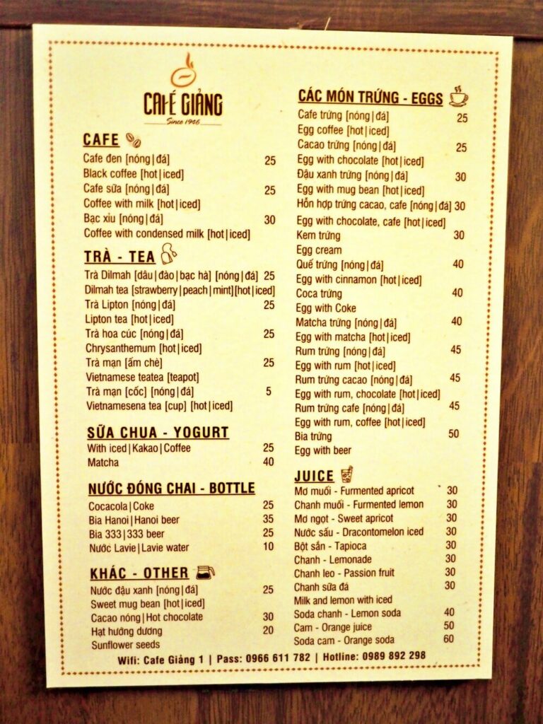 Cafe Giang Egg Coffee Menu